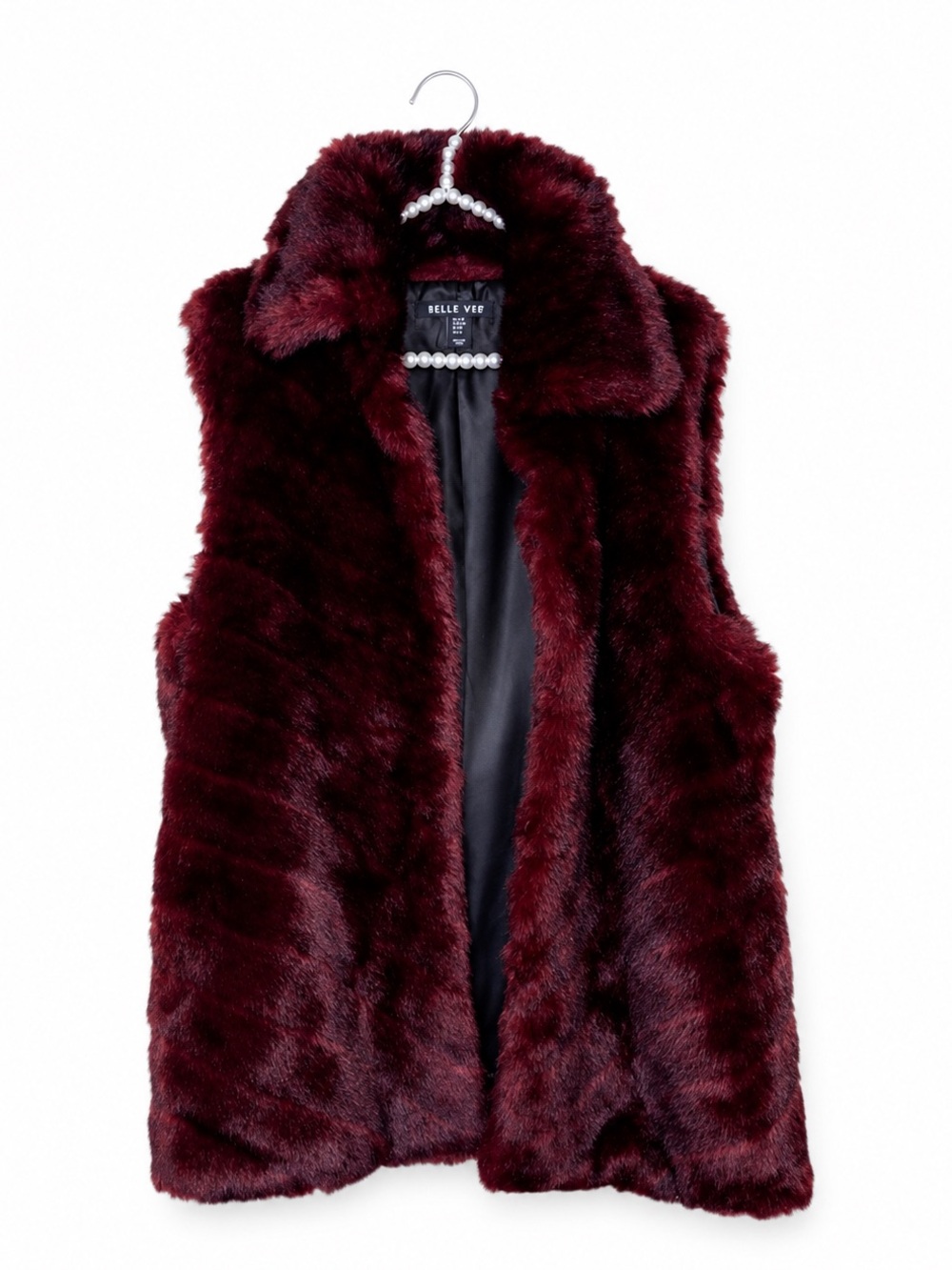 Belle Vere Wine Red Black Faux Fur Vest | Collared Layering Vest | Medium